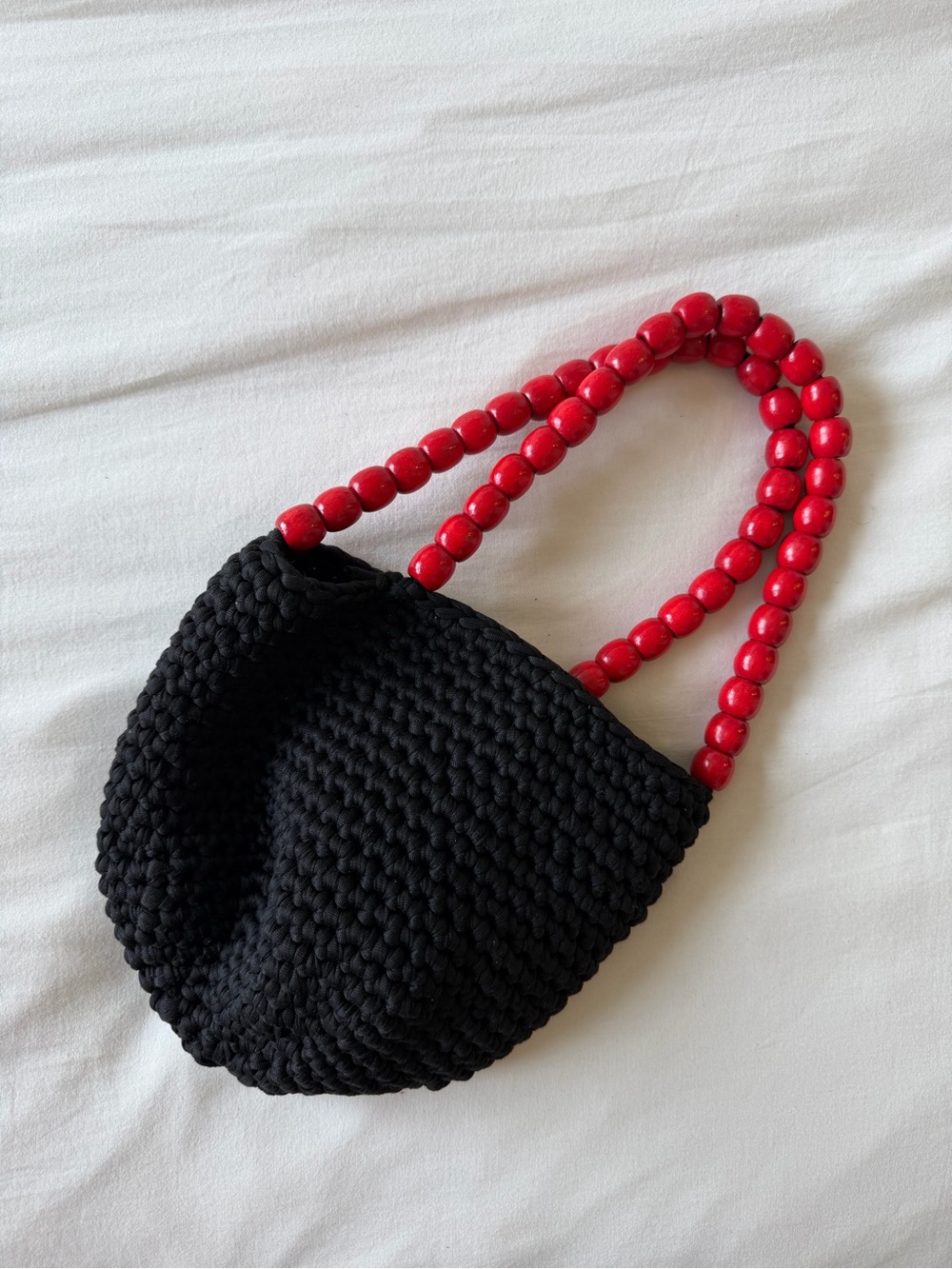 Handmade Black Crochet Shoulder Bag with Red Beaded Handles